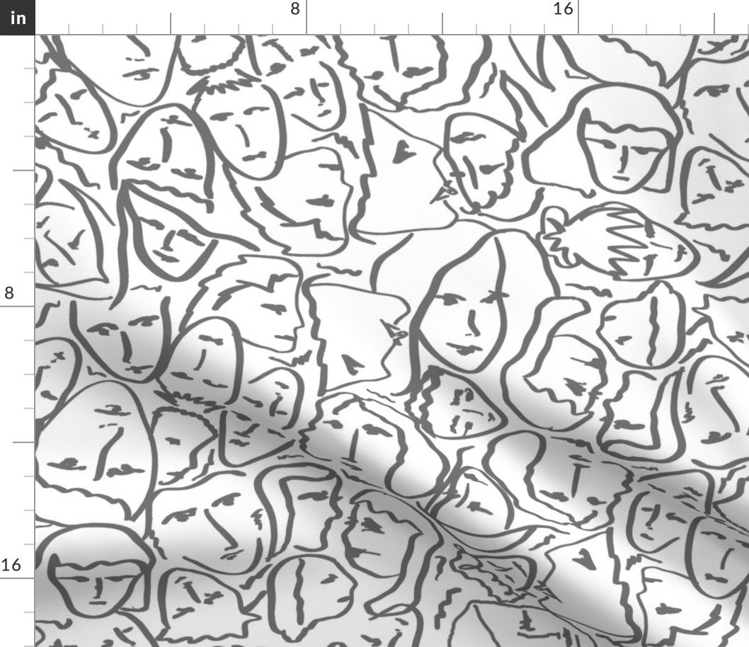 Elio’s Shirt Faces in Faded Vintage Grey Outlines on White Crying Scene Fabric