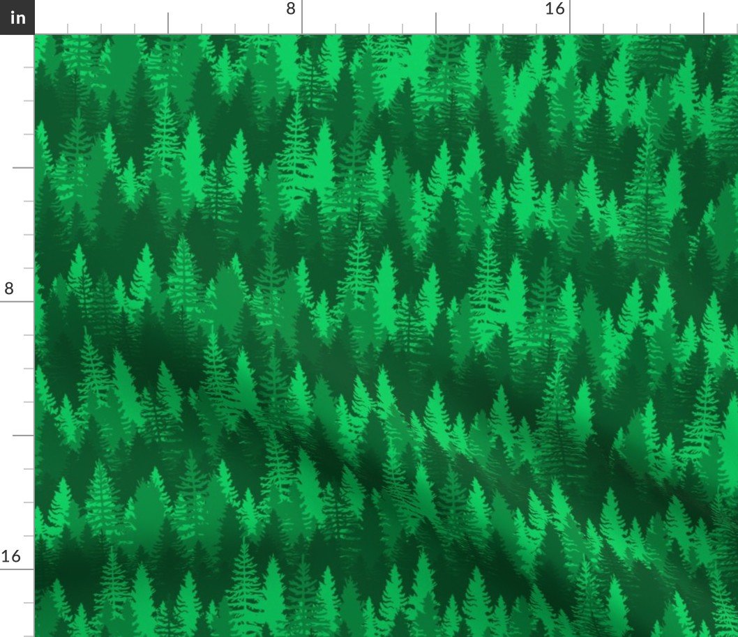 Endless Evergreen Forest with Fir Trees in Shades of Bright Green Fabric