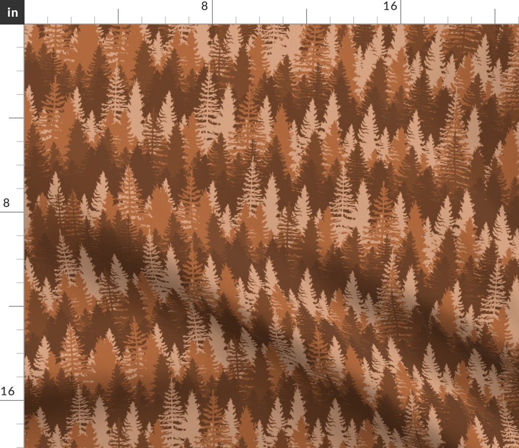 Endless Evergreen Forest with Fir Trees in Shades of Brown Fabric