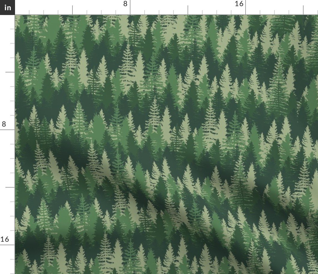 Endless Evergreen Forest with Fir Trees in Shades of Green Fabric