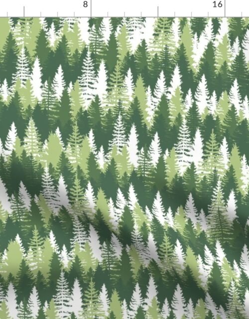 Endless Evergreen Forest with Fir Trees in Shades of Green and White Fabric