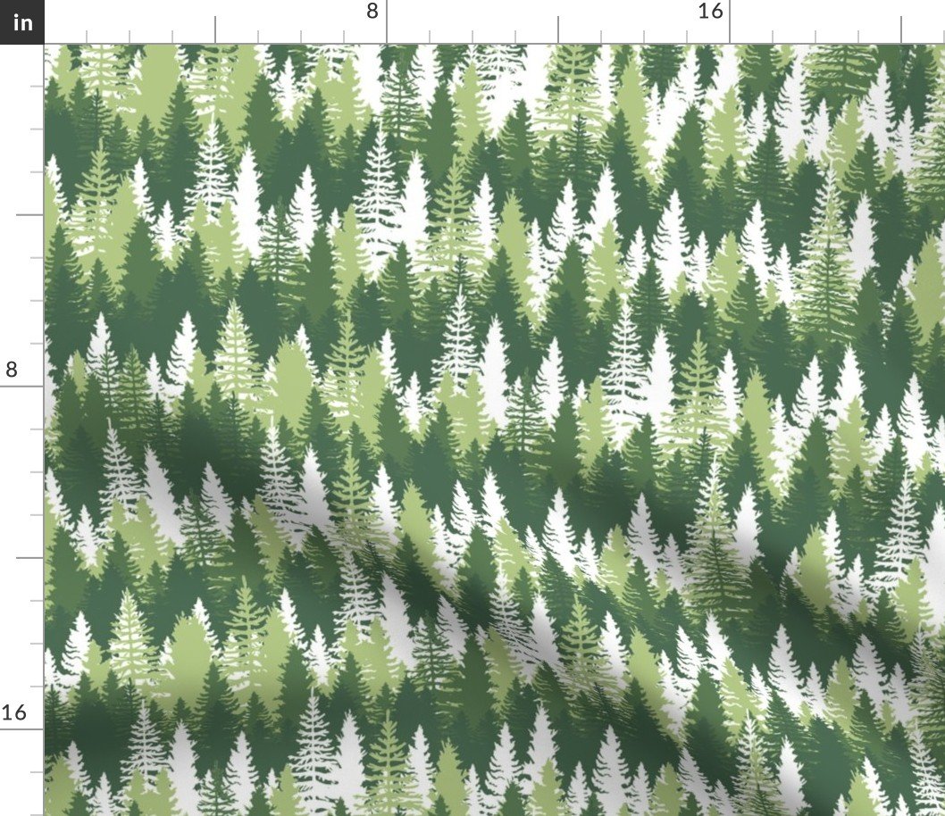 Endless Evergreen Forest with Fir Trees in Shades of Green and White Fabric