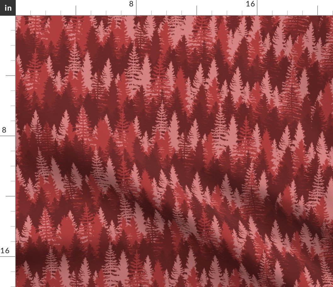 Endless Evergreen Forest with Fir Trees in Shades of Red Fabric
