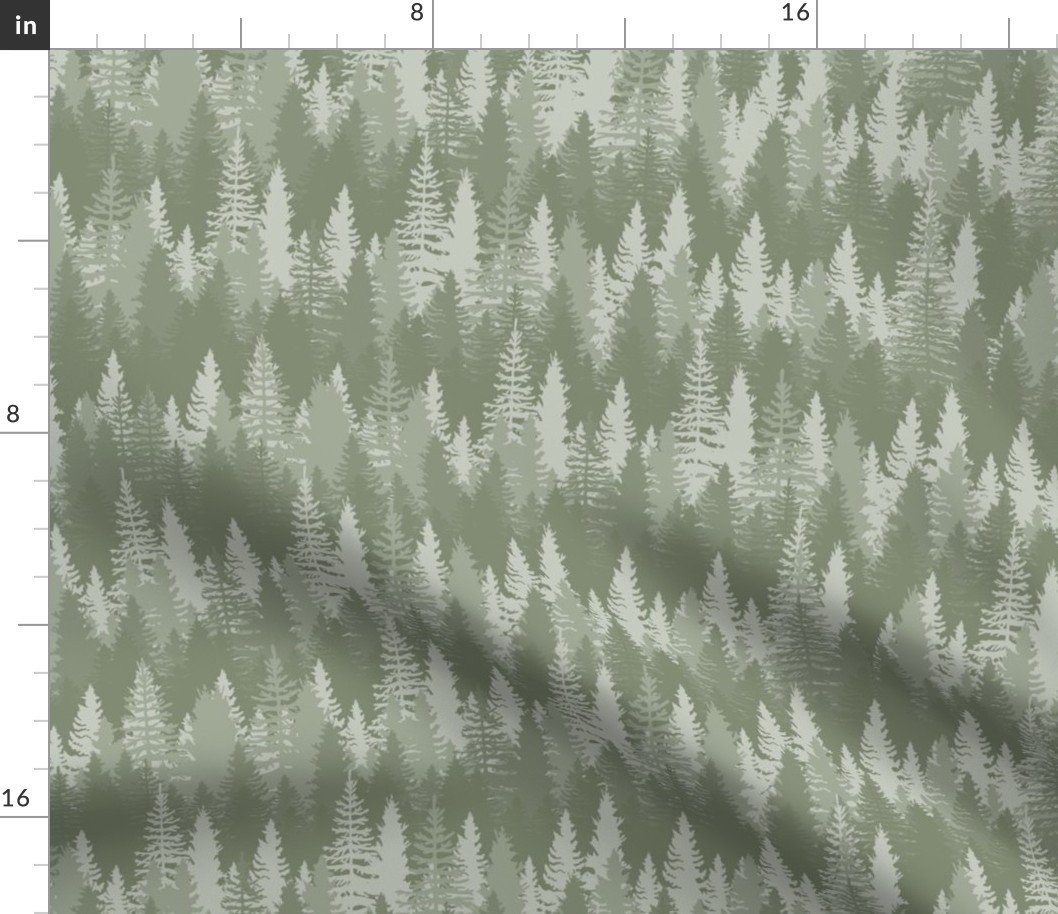 Endless Evergreen Forest with Fir Trees in Shades of Sage Green Fabric
