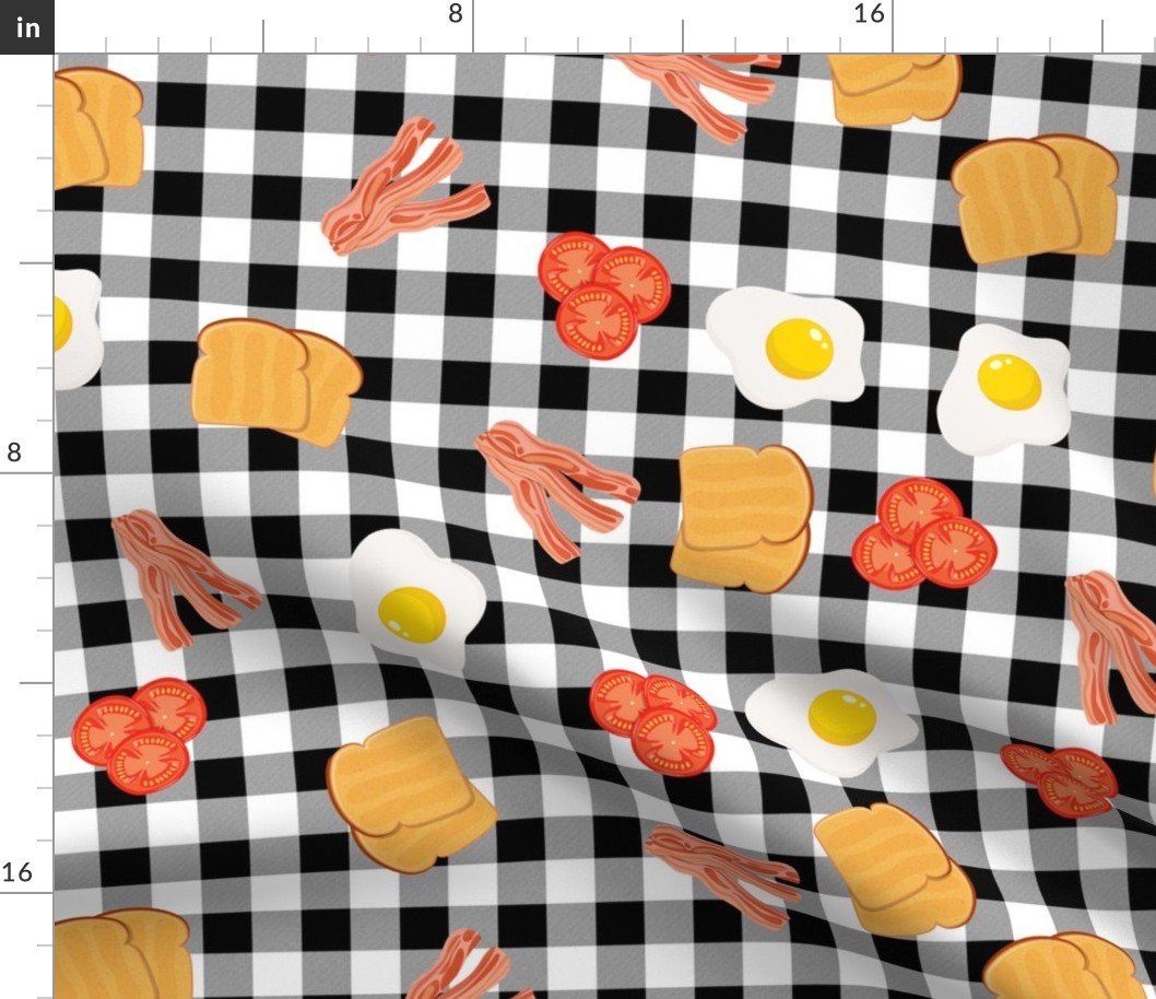 English Cooked Breakfast Bacon, Eggs, Tomato and Toast on Black Gingham Check Fabric