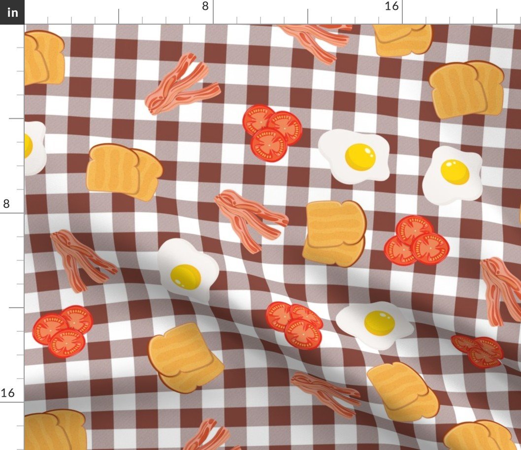English Cooked Breakfast Bacon, Eggs, Tomato and Toast on Brown Gingham Check Fabric