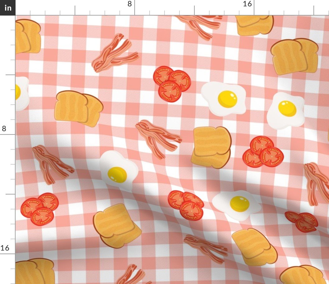 English Cooked Breakfast Bacon, Eggs, Tomato and Toast on Peach Gingham Check Fabric