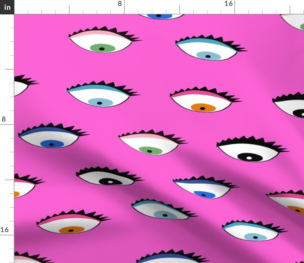 Evil Eyes Multi Colored on Hot Pink Fabric