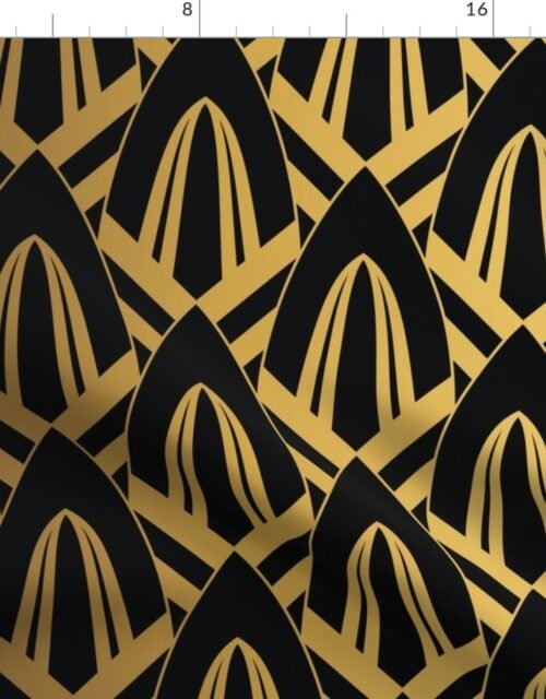 Faux foil gold on Black Retro Vintage Art Deco Geometric Cross-Hatched Cone Pattern Fabric