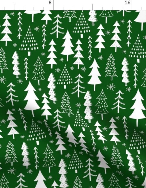 Festive Doodles of White Christmas Trees with Snow  on Forest Green Fabric