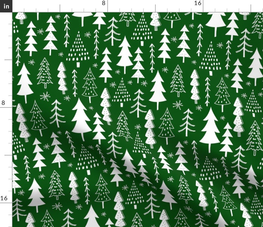 Festive Doodles of White Christmas Trees with Snow  on Forest Green Fabric
