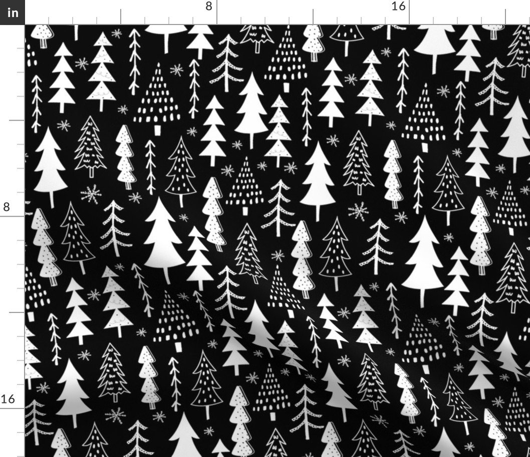 Festive Doodles of White Christmas Trees with Snow  on Night Black Fabric