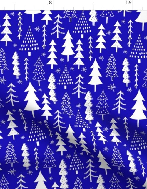 Festive Doodles of White Christmas Trees with Snow  on Royal Blue Fabric