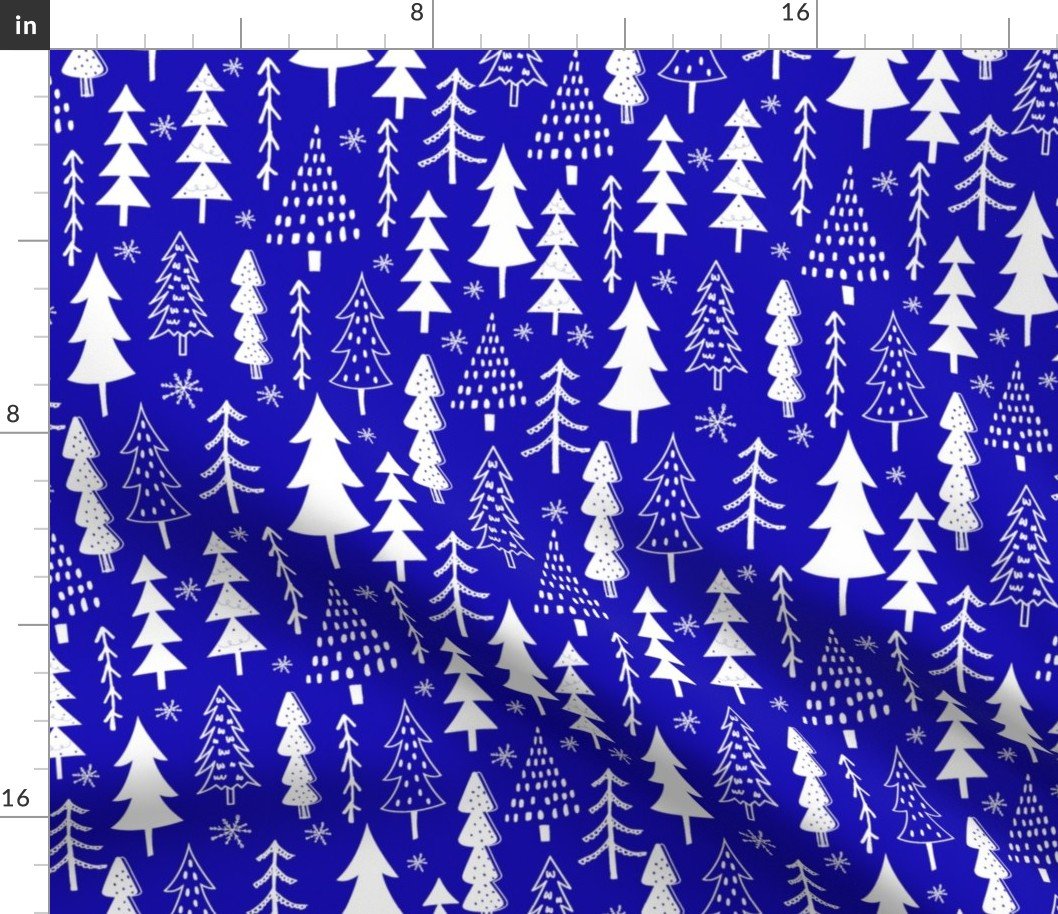 Festive Doodles of White Christmas Trees with Snow  on Royal Blue Fabric
