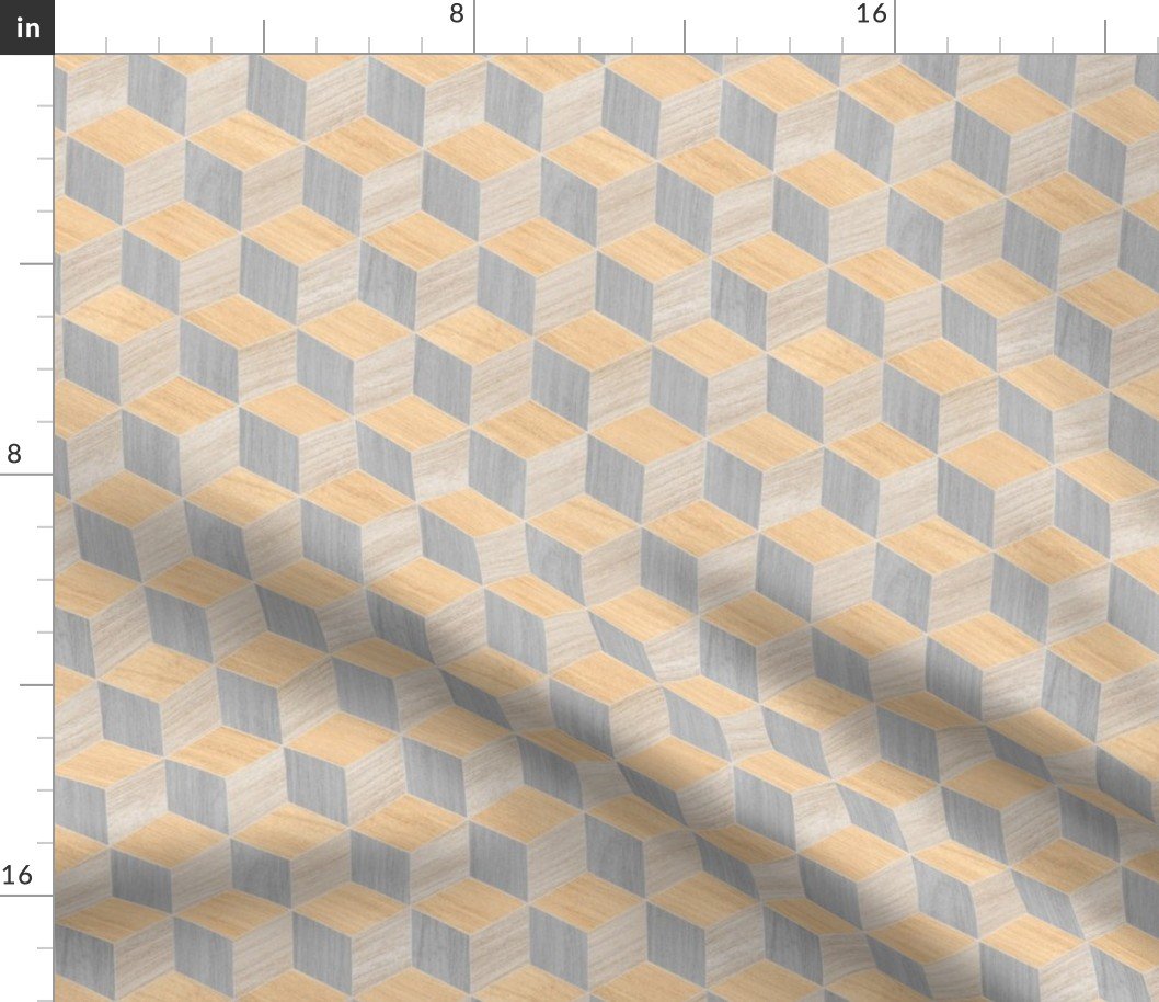 Geometric Wood Grain Cubes in Oak, Ash and White Pine Panels Fabric