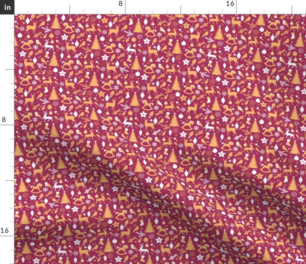 Golden Christmas Trees, Reindeer, Birds and Rocking Horses on Cranberry Red Fabric