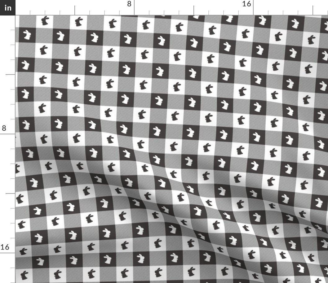 Graphite and White Gingham Check with Center Easter Bunny Medallions in Graphite and White Fabric