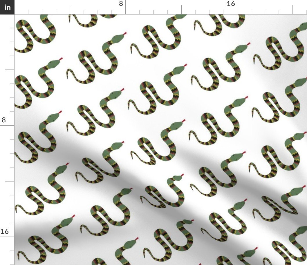Green Garden Snake Cartoon with Yellow, Red and Black Zig Zag Bands Fabric