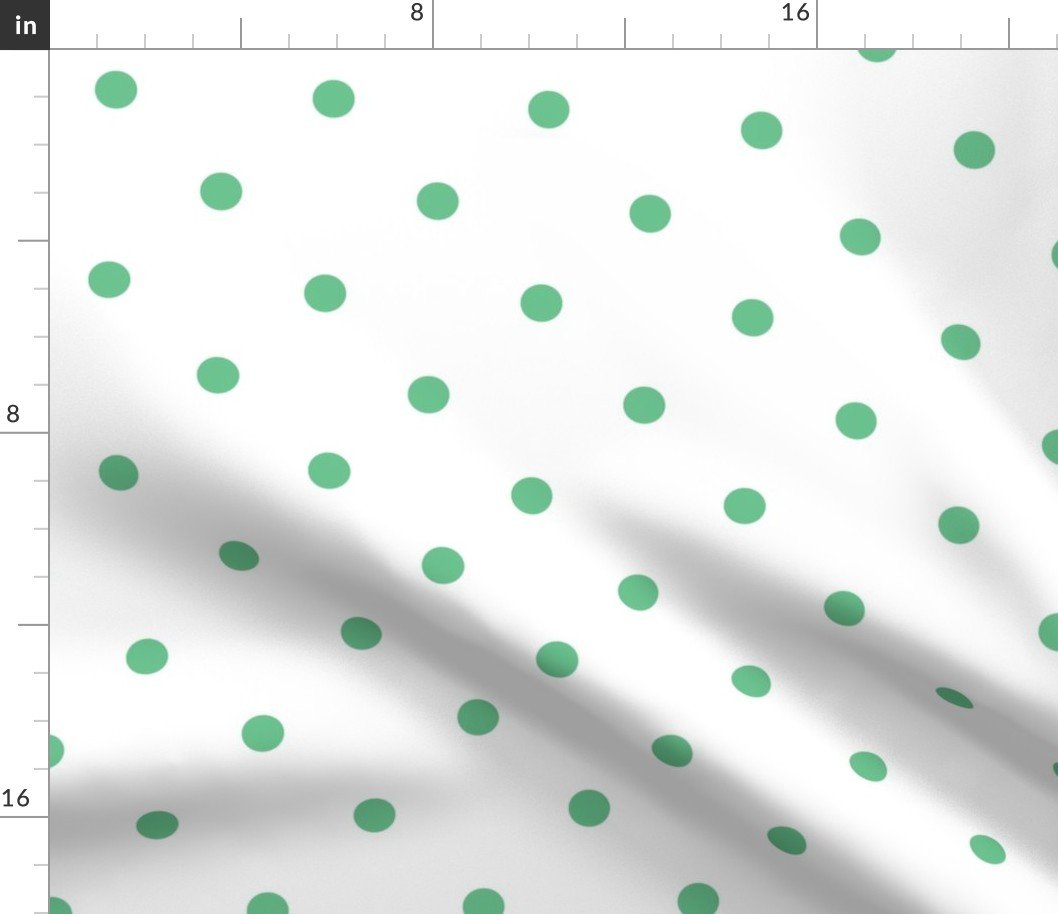 Green Polka Dots on Vintage Christmas Snowy White Fabric