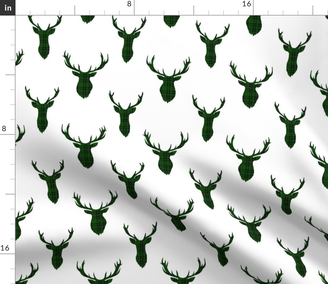 Green and Black Tartan Silhouetted Buck Deer Trophy Heads with Antler Racks Mounted on white Fabric