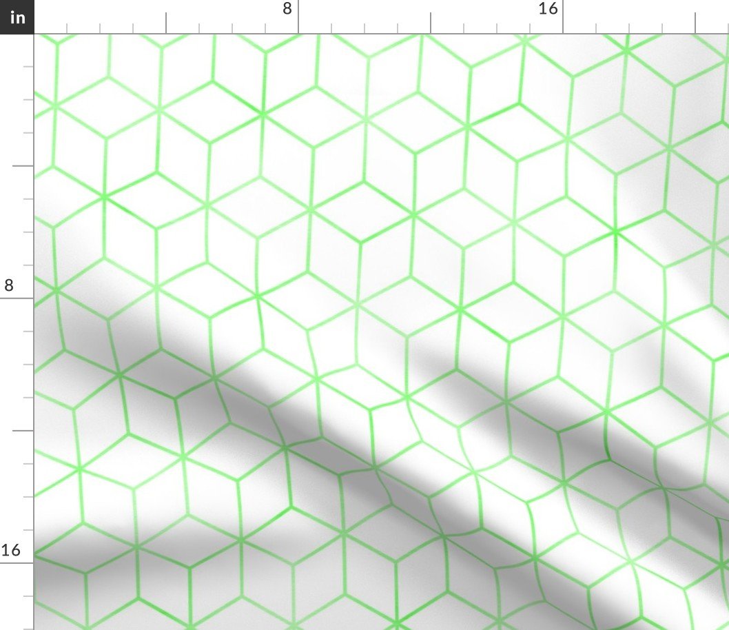 Green and White  Faux Metallic Silver Art Deco 3D Geometric Cubes Fabric
