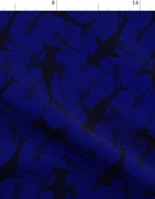 Hammerhead Sharks in Dark Silhouette Circling in Dark Blue Water Fabric