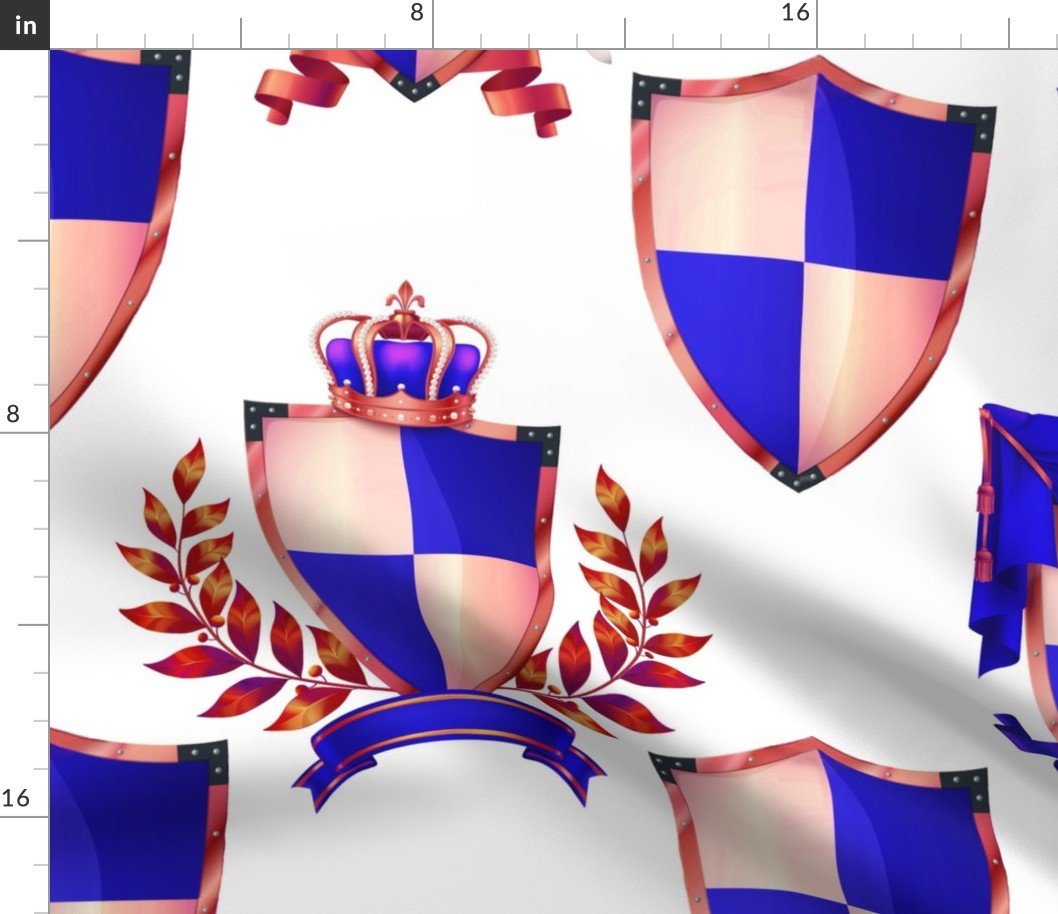 Heraldry Shields with Royal Crowns and Banners in Blue on White Fabric