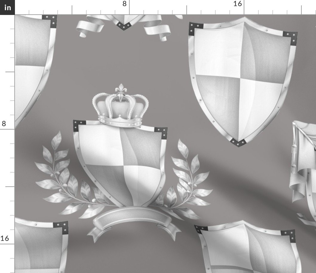 Heraldry Shields with Royal Crowns and Banners in Grey on Grey Fabric
