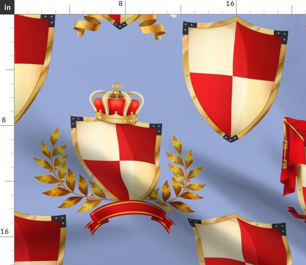 Heraldry Shields with Royal Crowns and Banners in Red on Blue Fabric