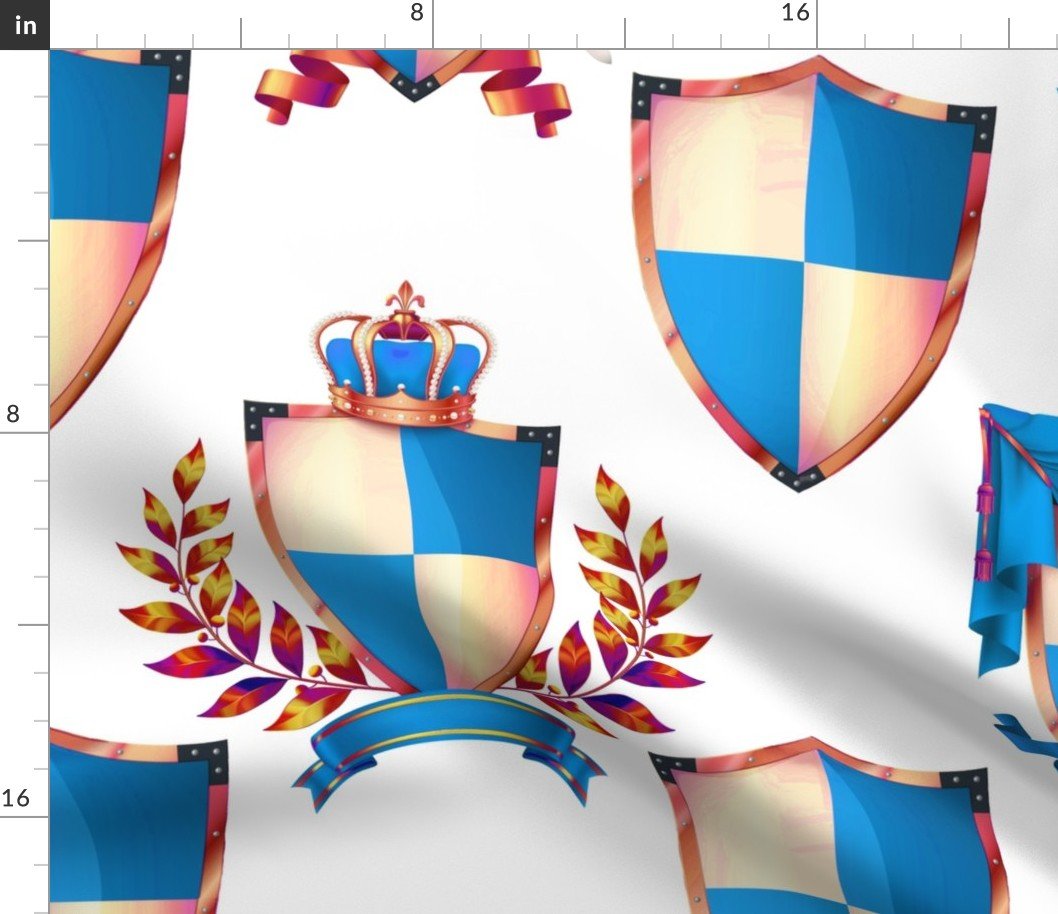 Heraldry Shields with Royal Crowns and Banners in Turquoise on White Fabric