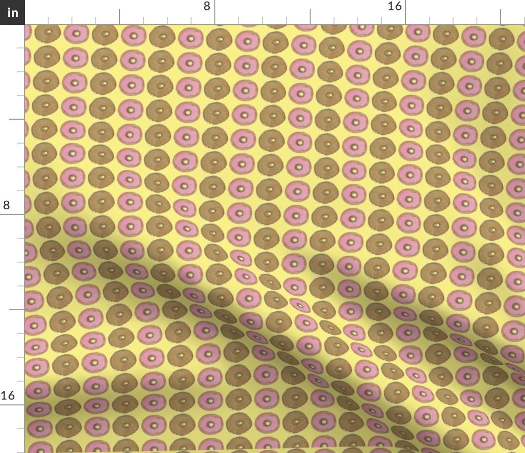 Iced Pink Donut and Sugar Donut on Lemon Hand Painted Watercolor Fabric