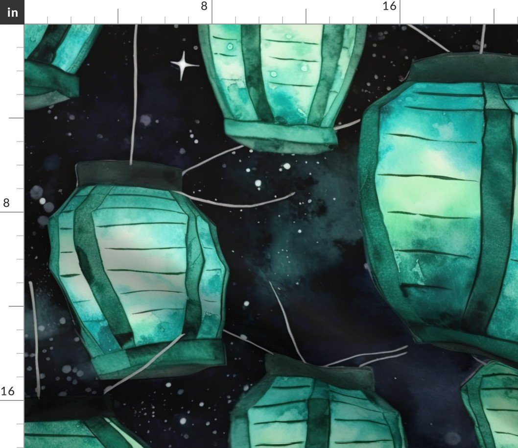 Jade Green Glowing Chinese Paper Lanterns Watercolor Fabric