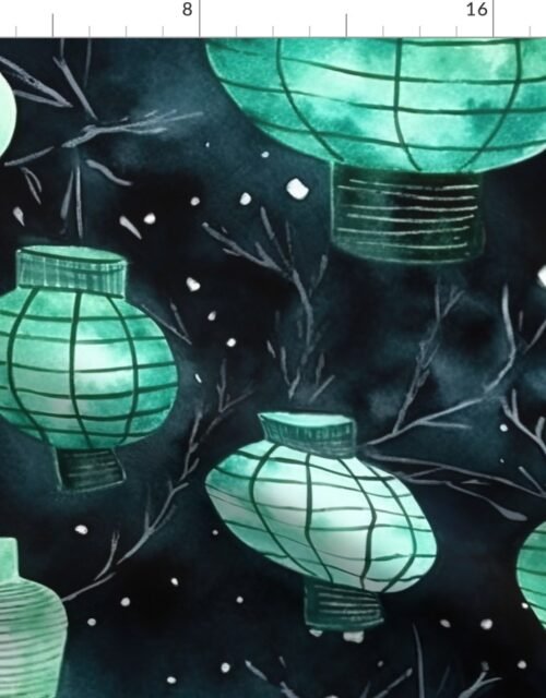 Jade Green Glowing Chinese Paper Lanterns Watercolor Fabric
