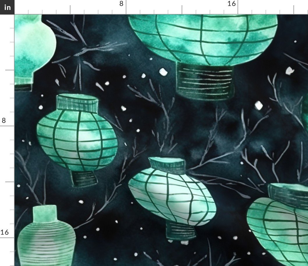 Jade Green Glowing Chinese Paper Lanterns Watercolor Fabric