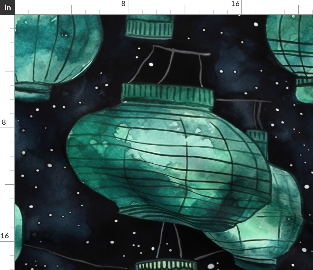 Jade Green Glowing Chinese Paper Lanterns Watercolor Fabric