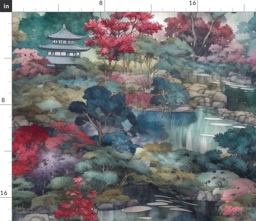 Japanese Water Garden Watercolor with Temples Fabric