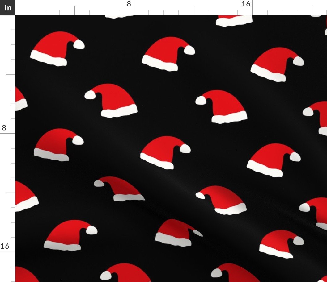 Jolly Old Saint Nick Red Santa Christmas Hats on Night Black Fabric