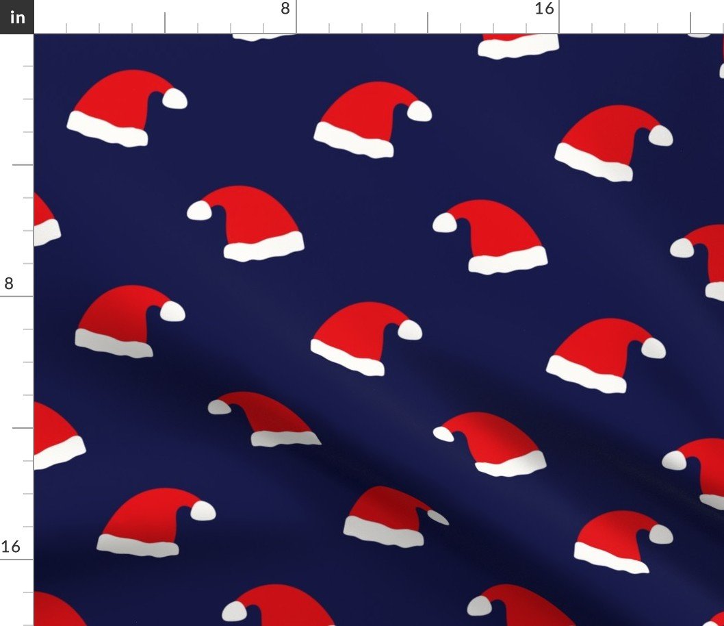 Jolly Old Saint Nick Red Santa Christmas Hats on  Midnight Blue Fabric