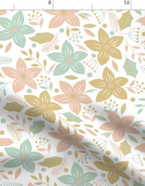 Jumbo Christmas Pink, Mint and Pale Gold Poinsettias and Holly Repeat on Snow White Fabric