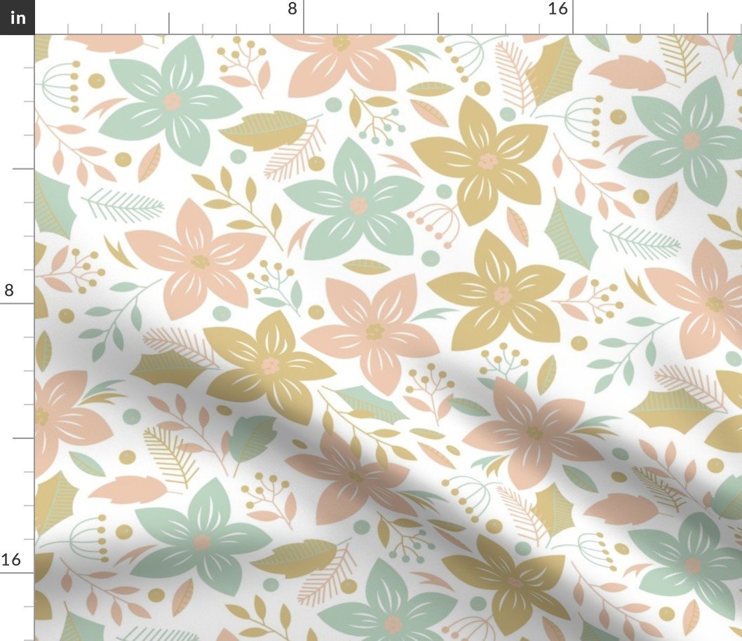 Jumbo Christmas Pink, Mint and Pale Gold Poinsettias and Holly Repeat on Snow White Fabric