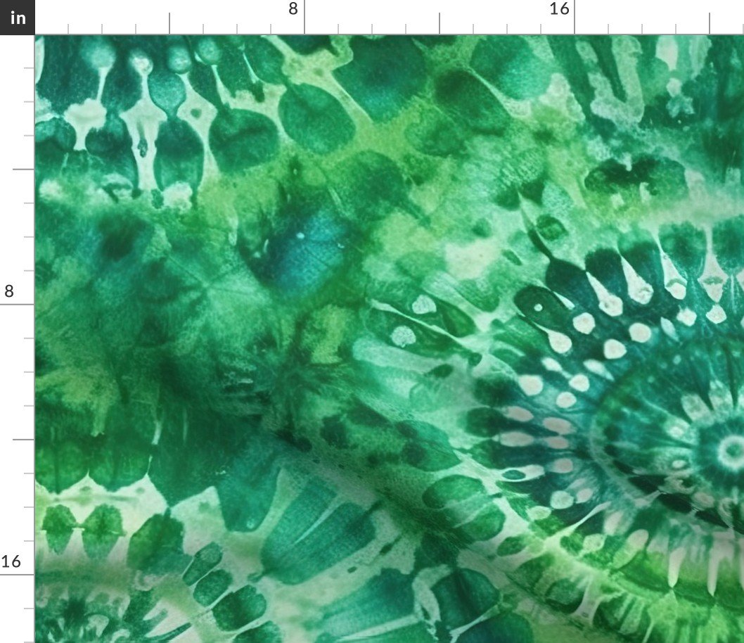 Jumbo Tie Dye Batik in Bright Green Circling Swirls on Teal Fabric