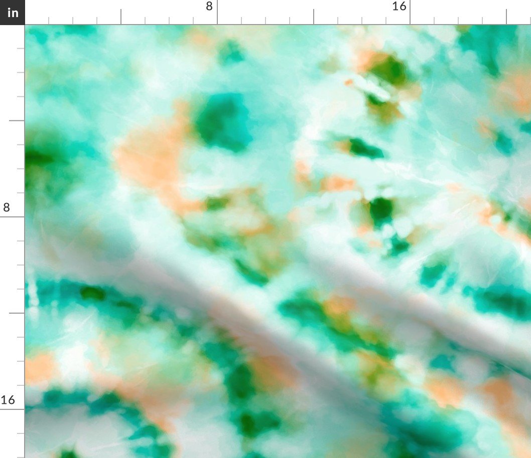 Jumbo Tie Dye Peach and Teal Green Circling Swirls on White Fabric