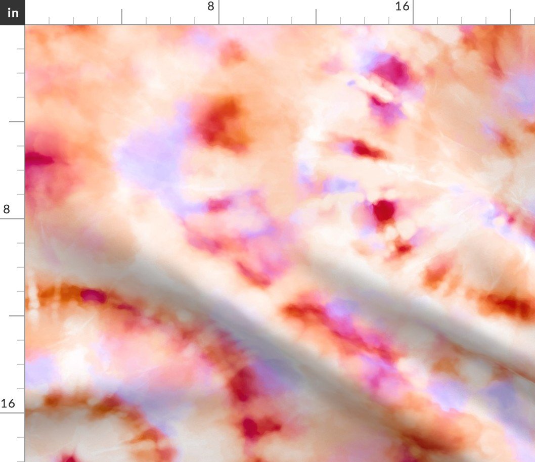 Jumbo Tie Dye Reddish Orange and Lilac Circling Swirls on White Fabric