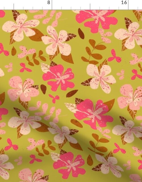 Jumbo Tropical Pink and Brown Hibiscus Floral Repeat on Gold Fabric