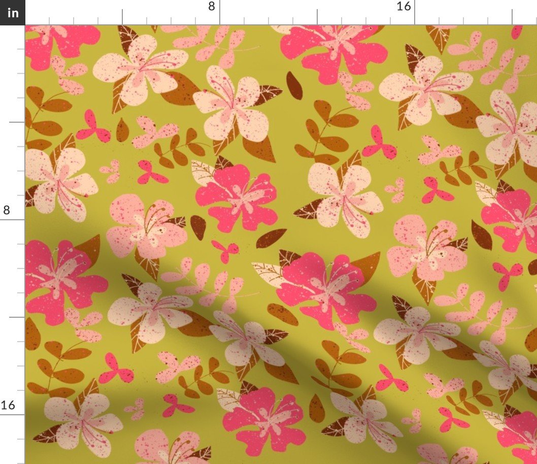 Jumbo Tropical Pink and Brown Hibiscus Floral Repeat on Gold Fabric