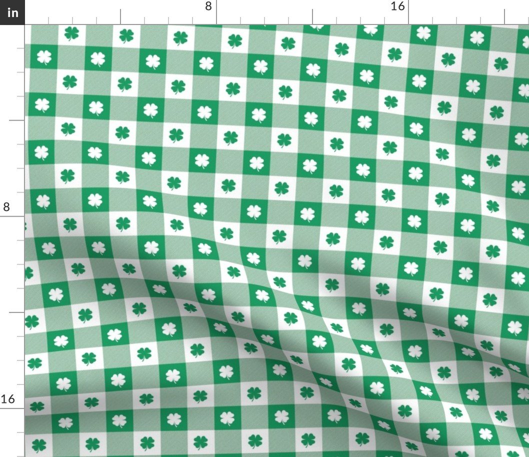 Kelly  and White Gingham Check with Center Shamrock Medallions in Kelly and White Fabric