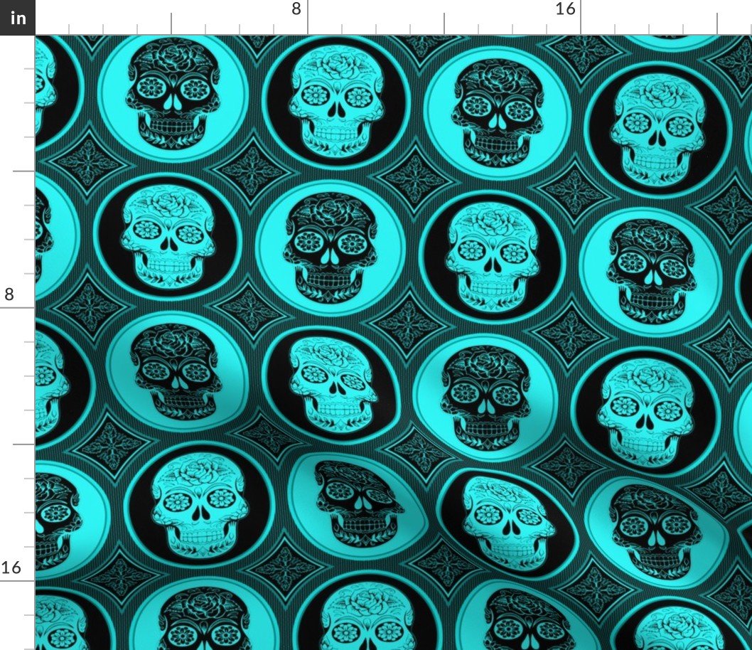 Large Aqua Blue and Black  Skulls Calaveras Day of the Dead Dia de los Muertos Fabric