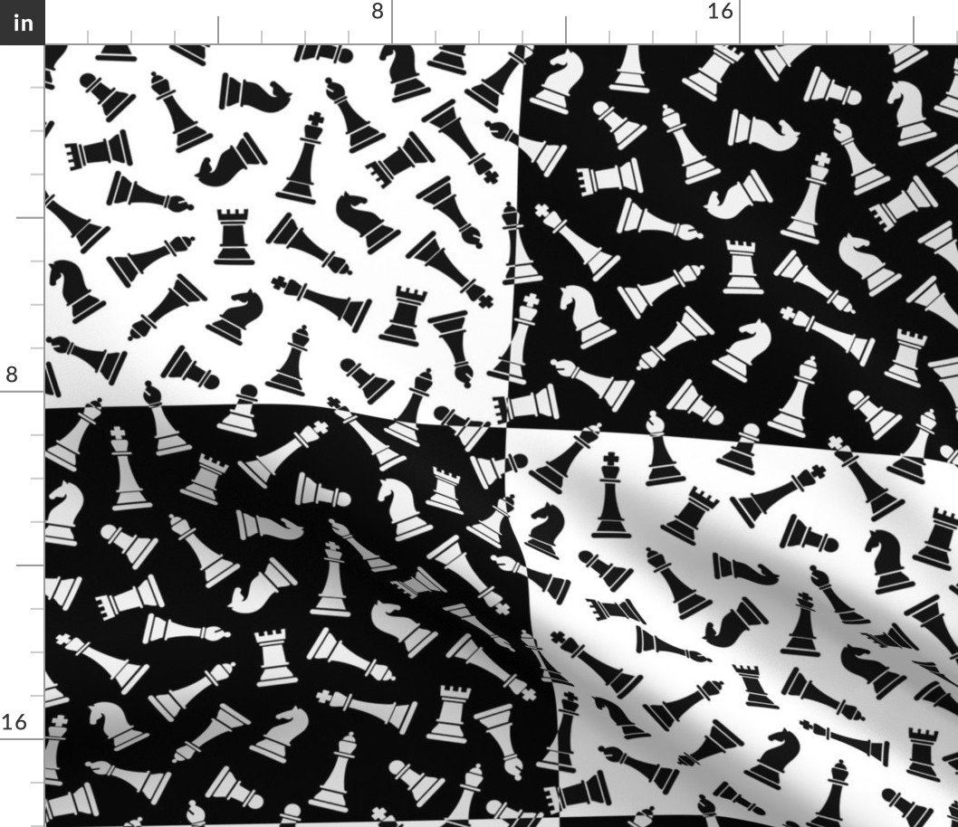 Large Black and White Chess Checker Board Pieces in Chess Pattern Fabric