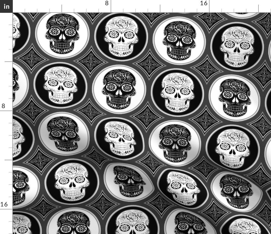 Large Black and White Skulls Calaveras Day of the Dead Dia de los Muertos Fabric