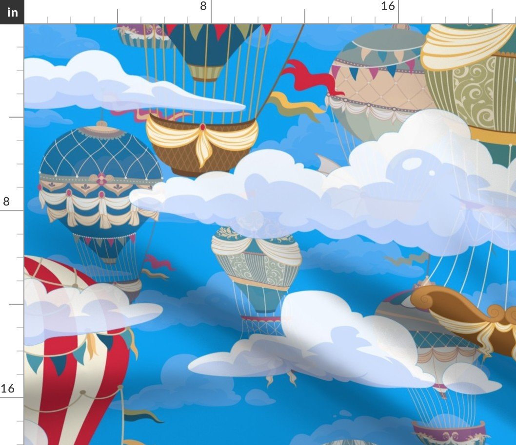 Large Blue Vintage Ornamental Winged Hot Air Helium Balloons in Clouds Race Fabric